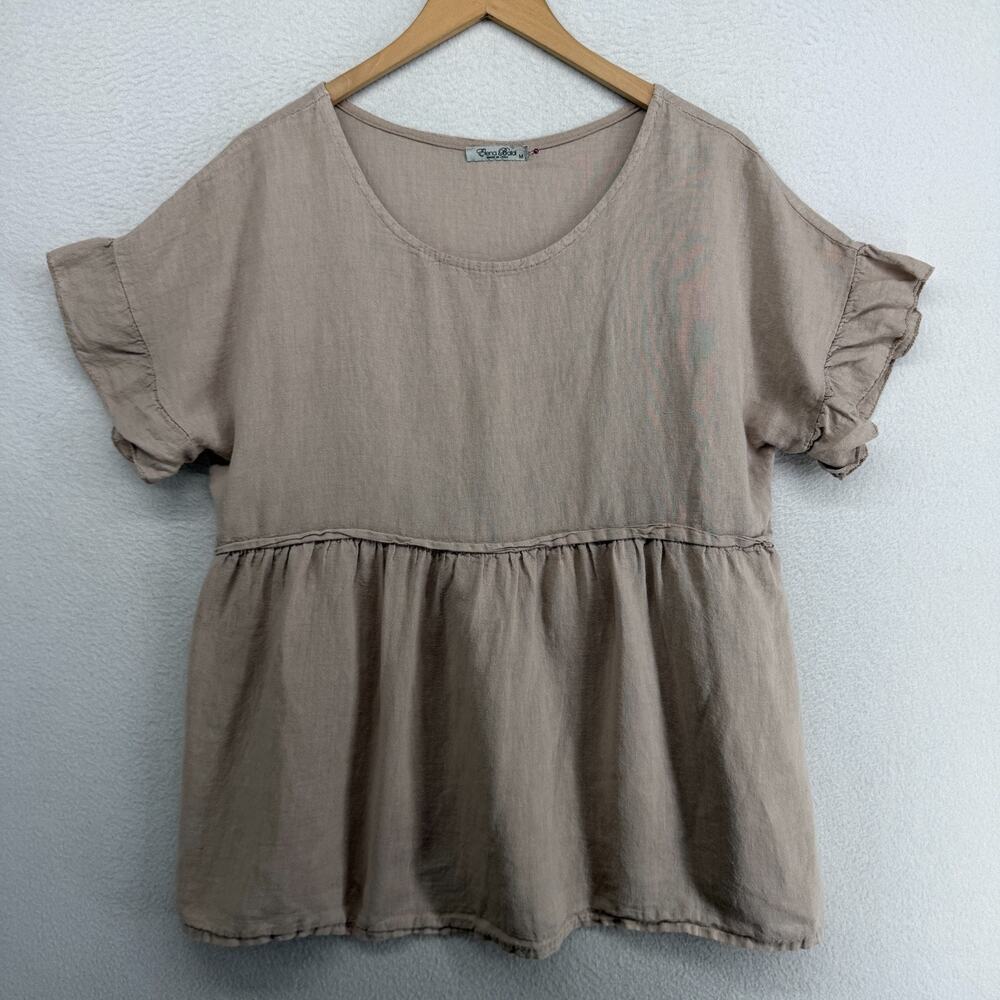 ELENA BALDI Top M Linen Babydoll Blouse Ruffle Sleeve Scoop Neck Brown Italy